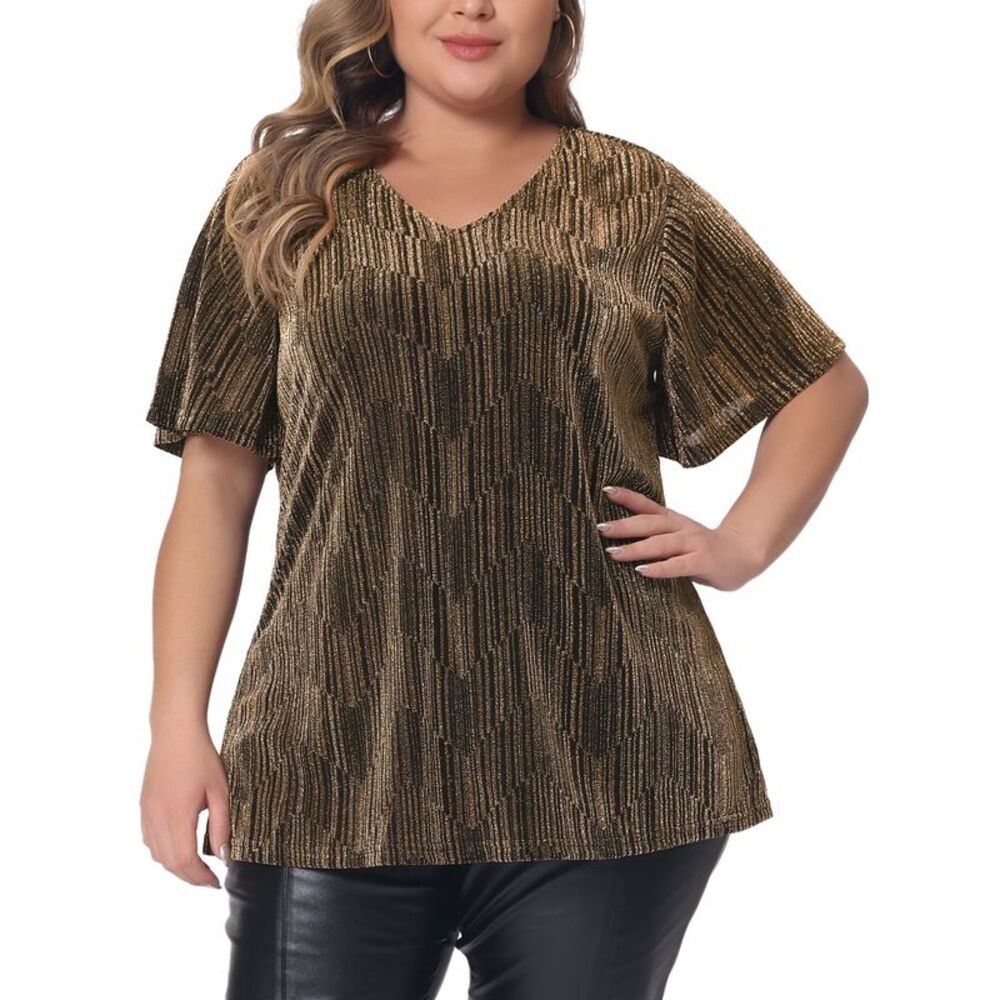 Plus Size Tops V Neck Metallic Short Sleeve T-Shirt Blouses Tee Tops Gold